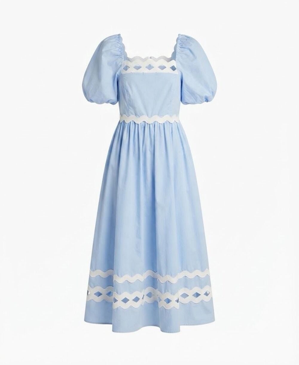 English Factory Dainty Tea Party Scallop-Trim Cotton Midi Dress Powder Blue/Crea